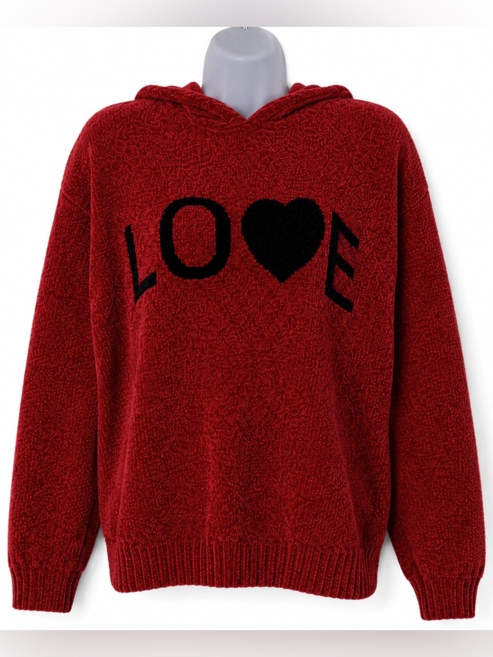 Snowflake Women’s Red Hooded Pullover Sweater LOVE Heart Graphic Size L/XL